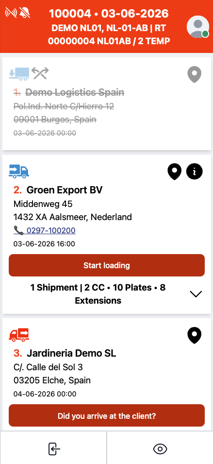 CargoLedger app met een meerstoppen-zendingenlijst en aankomstbevestigingsknoppen