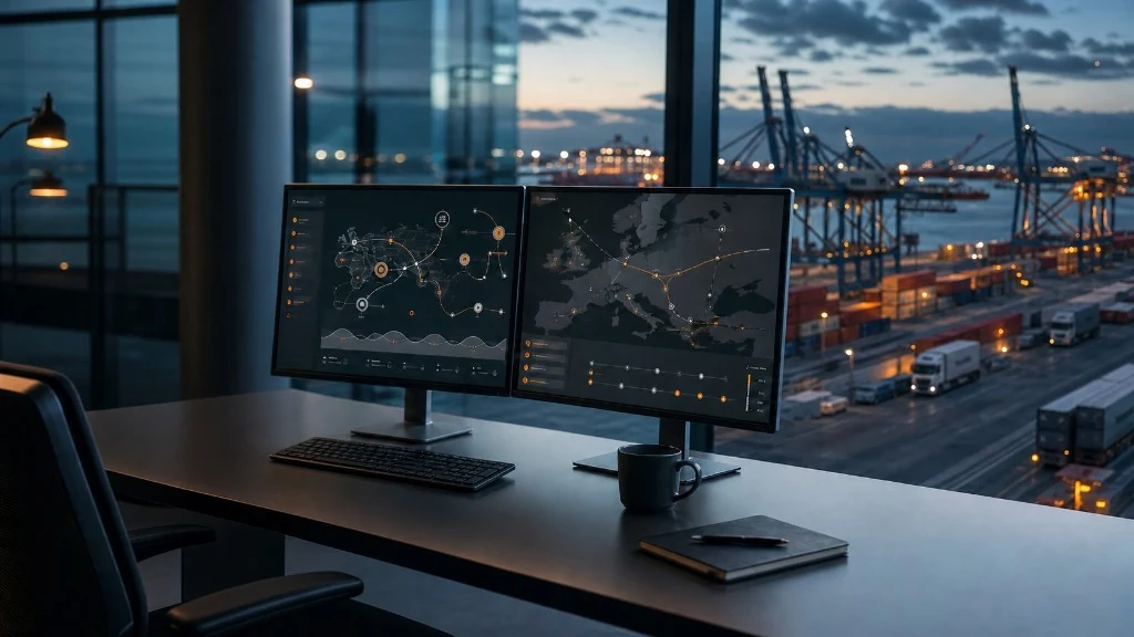 Un gestor logístico monitorizando una red global y un mapa de tradelanes europeas en dos pantallas, con una terminal de contenedores visible por la ventana de noche